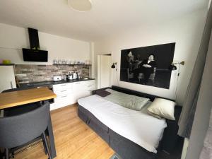 a small bedroom with a bed and a kitchen at Appartement No 5 in Weimar +19 photos