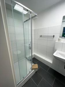 a bathroom with a shower and a sink at Appartement No 5 in Weimar