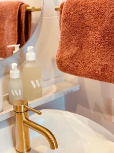 a bathroom sink with a gold faucet and a mirror at Love Room LOsmose chambre Alchimie Bed and Breakfast Wimereux in Wimereux