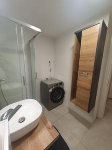 a bathroom with a sink and a washing machine at Cosy 35m2 appartment in Zagreb