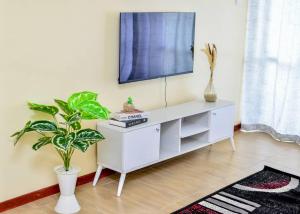 a white cabinet with a tv on a wall with a plant at Rhezoh Apartment in Nairobi