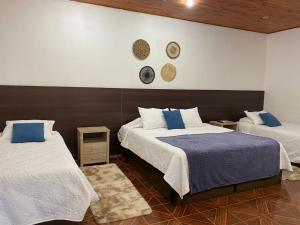 sypialnia z 2 łóżkami z niebieską i białą pościelą w obiekcie Hotel Linares w mieście Linares