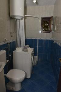 a blue tiled bathroom with a toilet and a shower at D apartment in Kotor