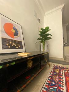 a living room with a piano and a potted plant at Relax Inn in New cairo