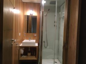 y baño con lavabo y ducha. en RAHUE, Monoambiente Céntrico con Patio Propio en San Martín de los Andes