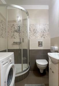 W łazience znajduje się prysznic, toaleta i umywalka. w obiekcie Shape&Color premium Hostel w Warszawie