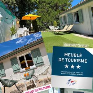 deux photos d'une maison avec des chaises et un parasol dans l'établissement La Petite Suzette, à 2min à pied de la plage !, à Lanton