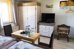 a living room with a bed and a tv at AllerHand Gästezimmer Nohen in Nohen