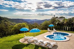 un patio avec des chaises et des parasols ainsi qu'une piscine dans l'établissement Villa Viera, à Buzet