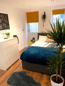 ein Schlafzimmer mit einem Bett, einer Kommode und Pflanzen in der Unterkunft Smart/ Modern one bedroom flat in Purley