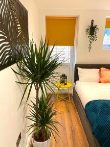 - une chambre avec un lit et une plante en pot dans l'établissement Smart/ Modern one bedroom flat, à Purley