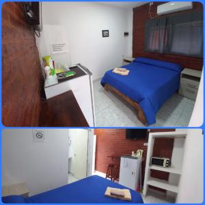 two pictures of a bedroom with a bed and a kitchen at Apartamentos Villa Jardin in Reyes