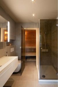 ein Bad mit einer Dusche, einem WC und einem Waschbecken in der Unterkunft Chalet Dachstein in Ramsau am Dachstein