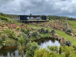 a house on a hill with a pond and plants at Mangorei Heights - New Plymouth in New Plymouth