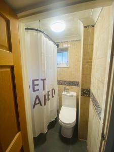 a bathroom with a toilet and a white shower curtain at Double Room with Private Shower room Close to City center and UOB Free Onsite Parking Private Fridge with Shared Kitchen and Lounge access in Northfield