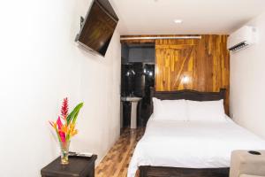 a bedroom with a bed and a tv on a wall at Black Snapper House in Golfito