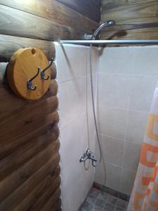 y baño con ducha y pared de madera. en Cabañas Mandalas en Federación