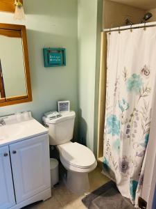 La salle de bains est pourvue de toilettes et d'un rideau de douche. dans l'établissement Shore house on Pelican Island!, à Seaside Heights