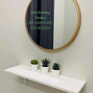 um espelho numa parede com três vasos de plantas numa prateleira em Aufa Homestay Pendang em Pendang