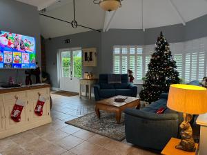 a living room with a christmas tree and a tv at Riverfield Lodge in Athboy