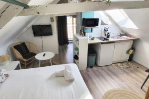 a room with a kitchen and a living room at La Cabane - Petit studio mansardé - Plage 50m - Rue gratuite in Saint Malo