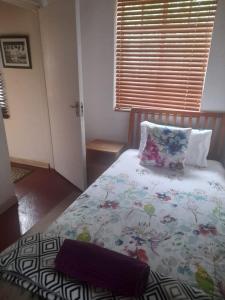 a bedroom with a bed with a pillow and a window at Selah guest cottage...place to pause, breath relax in Bethulie