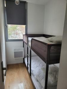 2 Etagenbetten in einem Zimmer mit Fenster in der Unterkunft Jolies Appartement 6 couchages a praloup 1600 avec balcons in Uvernet
