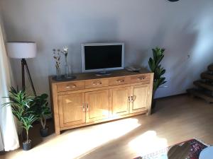 TV en un armario de madera en la sala de estar. en Breiten 1, en Mörel