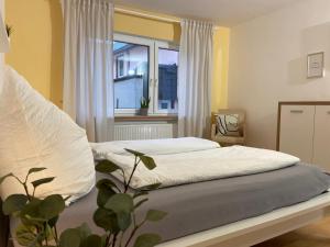 a bedroom with a bed with a window and a plant at Ferienwohnung Vater Rhein Mittelrheintal in Sankt Goar