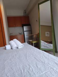 um quarto com uma cama com duas almofadas e um espelho em Guest Room em Serres