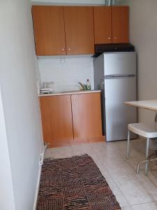een keuken met houten kasten en een witte koelkast bij Guest Room in Serres