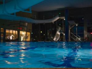 a swimming pool with a bird in the water at Fjelltun Lodge in Sogndal