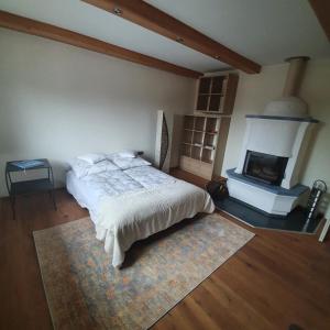 a bedroom with a bed and a fireplace at Ferienwohnung Reiner in Oberndorf in Tirol