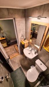 a bathroom with a toilet and a sink and a mirror at Downtown studio-loft in Constanţa