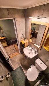 une salle de bains avec toilettes, lavabo et miroir dans l'établissement Downtown studio-loft, à Constanţa