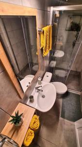 La salle de bains est pourvue de 2 lavabos et d'un miroir. dans l'établissement Downtown studio-loft, à Constanţa