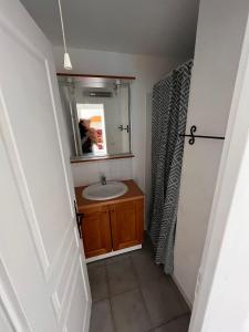 a bathroom with a sink and a mirror at Vars, Appart spacieux rénové 4 couchages dans chalet in Vars