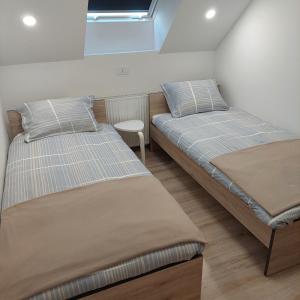 two twin beds in a room with a window at Apartmaji Biseri in Kranjska Gora