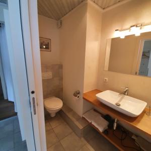 ein Bad mit einem Waschbecken und einem WC in der Unterkunft Ferienwohnung Reiner in Oberndorf in Tirol