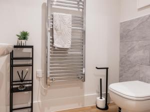 a bathroom with a toilet and a towel rack at Driftwood in Newquay +19 photos