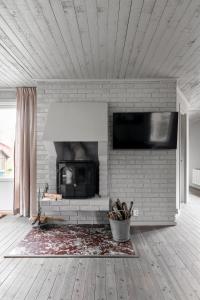 sala de estar con chimenea y TV de pantalla plana en Luxury family home near the water for eight people en Estocolmo