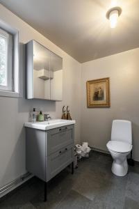 a bathroom with a white sink and a toilet at Luxury family home near the water for eight people in Stockholm