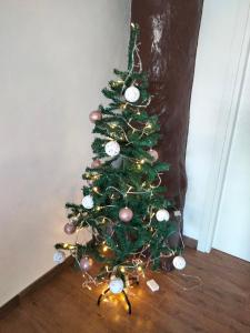 un albero di Natale seduto su un pavimento in legno di Casa Janas Affittacamere Bed & Breakfast a Piscinas