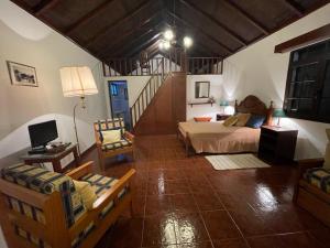 1 dormitorio con 1 cama y sala de estar en Porto Santo House Rosário Coelho, en Porto Santo