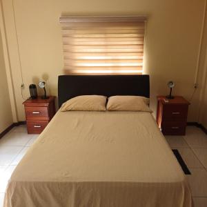 1 dormitorio con 1 cama grande y ventana en Max Garden and Pool, en Paramaribo