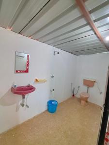 a bathroom with a pink sink and a toilet at Fisherman Cove Agonda in Canacona