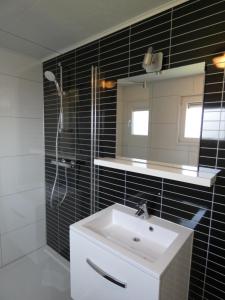a bathroom with a sink and a shower and a mirror at Zonneweelde, Vakantie aan Zee in Nieuwvliet-Bad