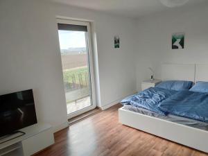 Postel nebo postele na pokoji v ubytování Ferienwohnung ländlich und in Seenähe