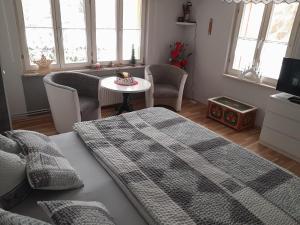 un soggiorno con letto, tavolo e finestre di Haus Hubertus a Stolberg i. Harz