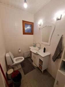 un bagno con un water, un lavandino e uno specchio di Villa Korso - Private rooms , Shared spaces a Vantaa Altre 19 foto